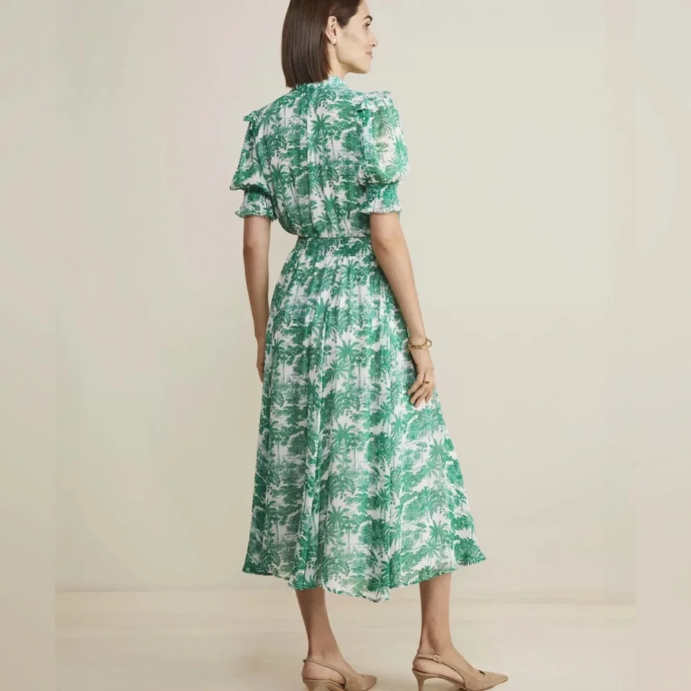 Vineyard Vines S Marthas Vineyard Tropical Toile Tie-Neck Midi Dress Green/White - Picture 9 of 16